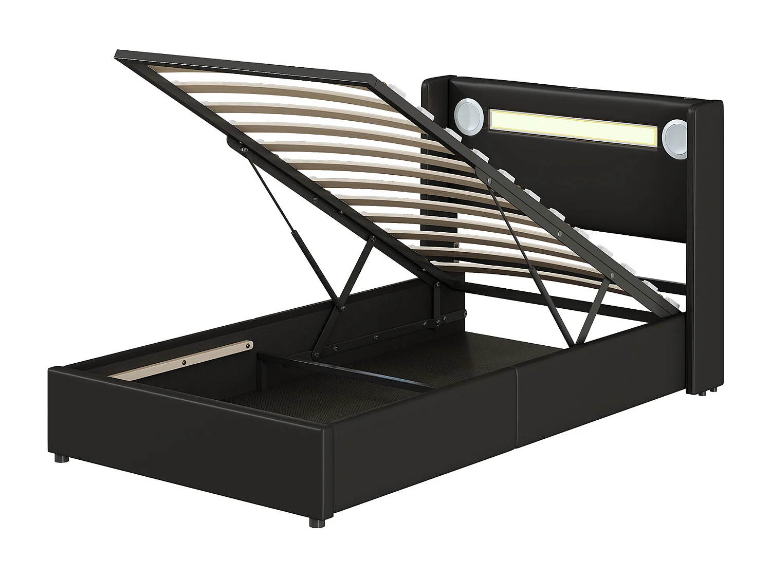 Lit coffre adulte 90x200cm en cuir PU avec USB + LED, noir, Sommier à lattes, sans matelas