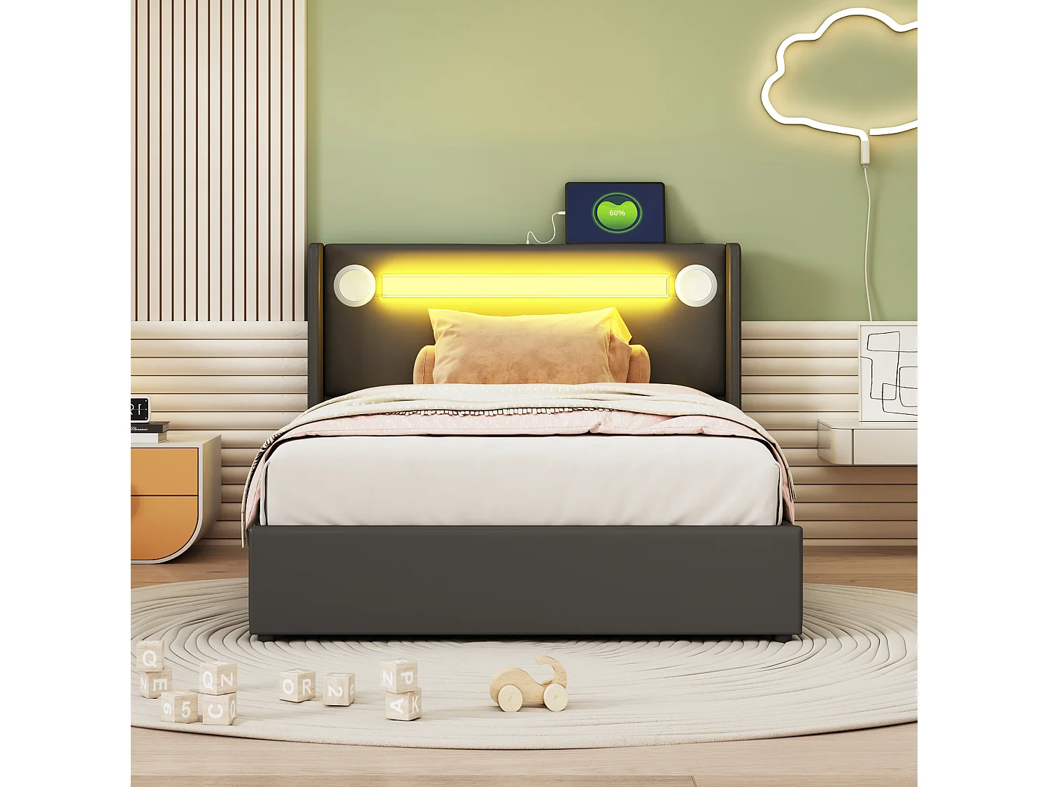 Lit coffre adulte 90x200cm en cuir PU avec USB + LED, noir, Sommier à lattes, sans matelas