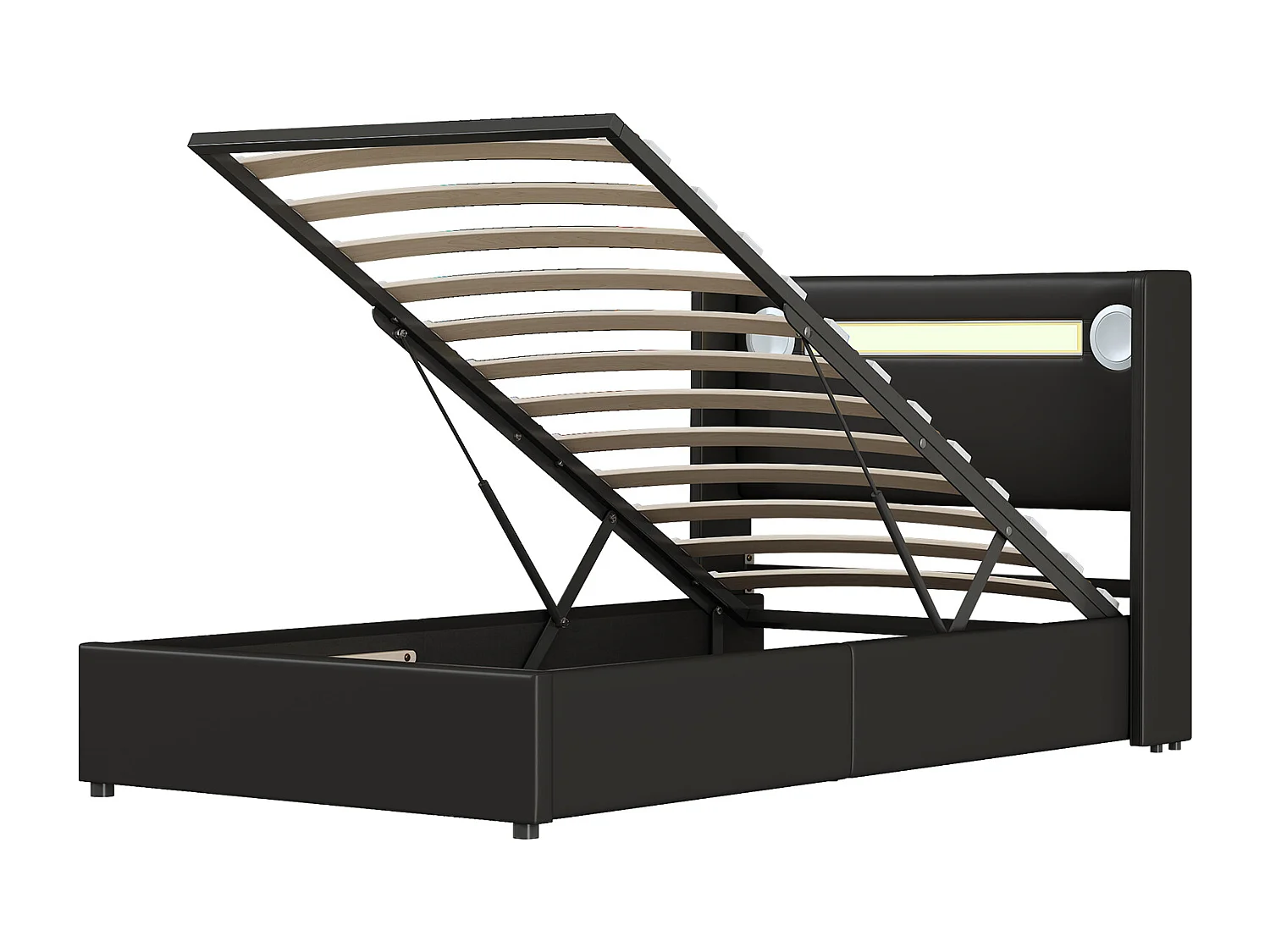 Lit coffre adulte 90x200cm en cuir PU avec USB + LED, noir, Sommier à lattes, sans matelas