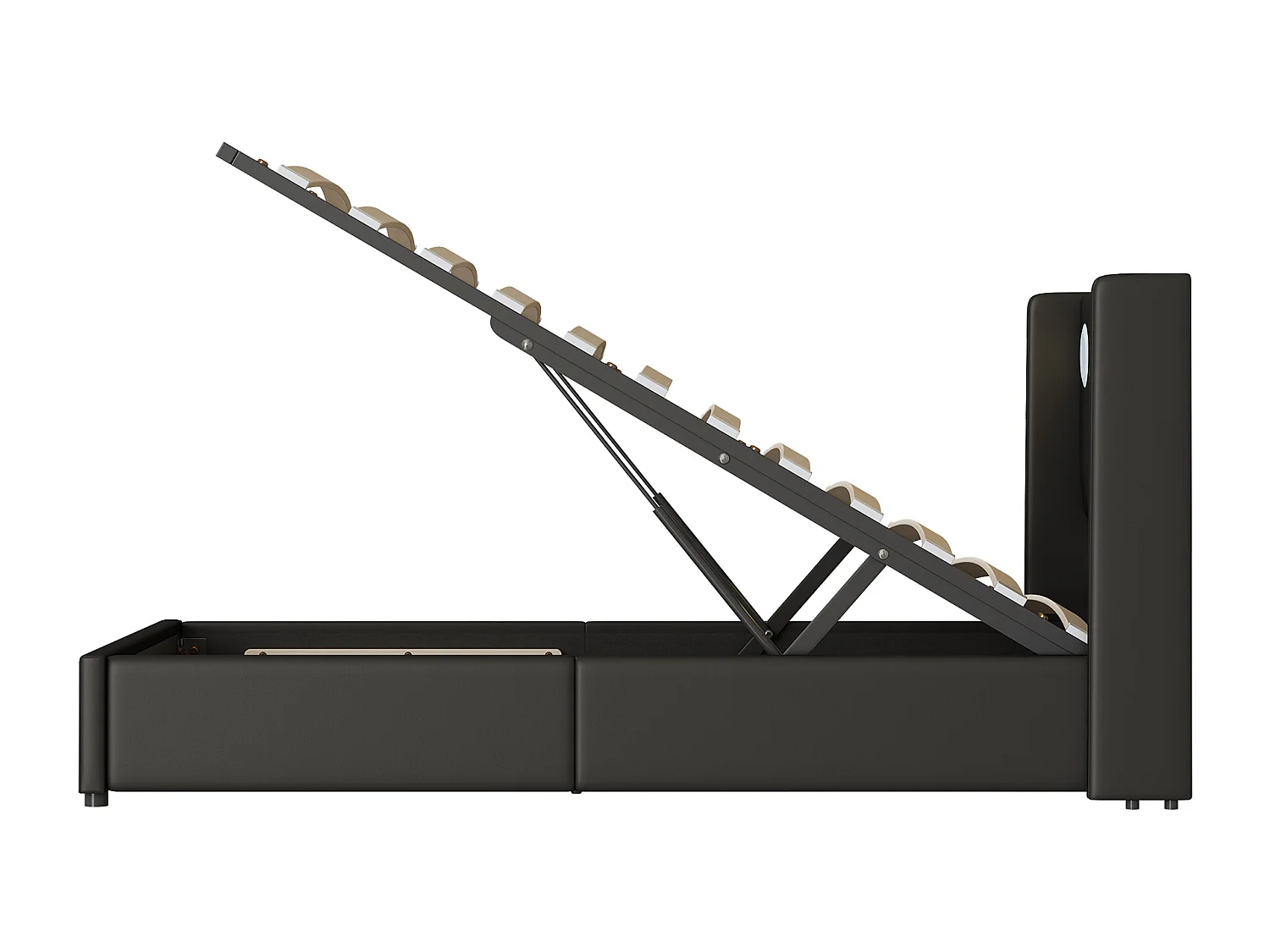 Lit coffre adulte 90x200cm en cuir PU avec USB + LED, noir, Sommier à lattes, sans matelas