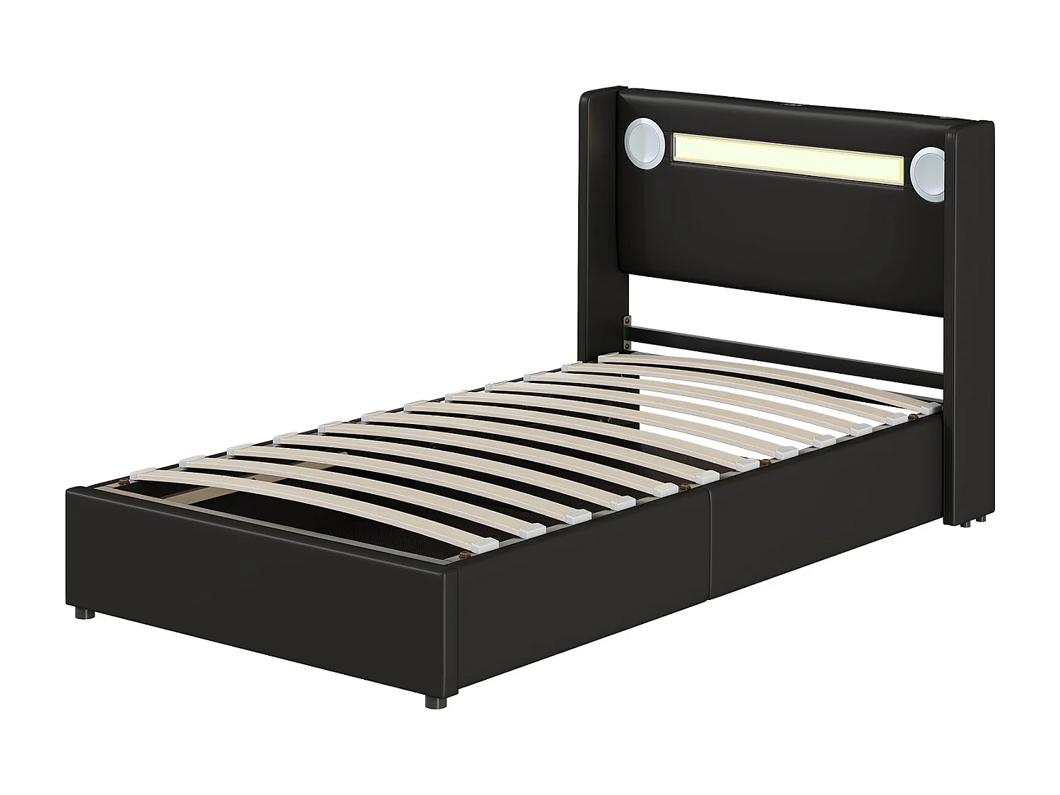 Lit coffre adulte 90x200cm en cuir PU avec USB + LED, noir, Sommier à lattes, sans matelas