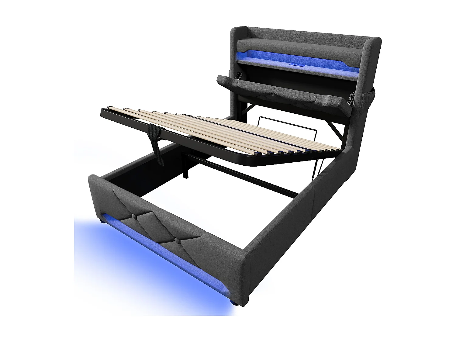 Lit coffre adulte 90x200cm avec LED et USB Type-C, lin, gris, sans matelas