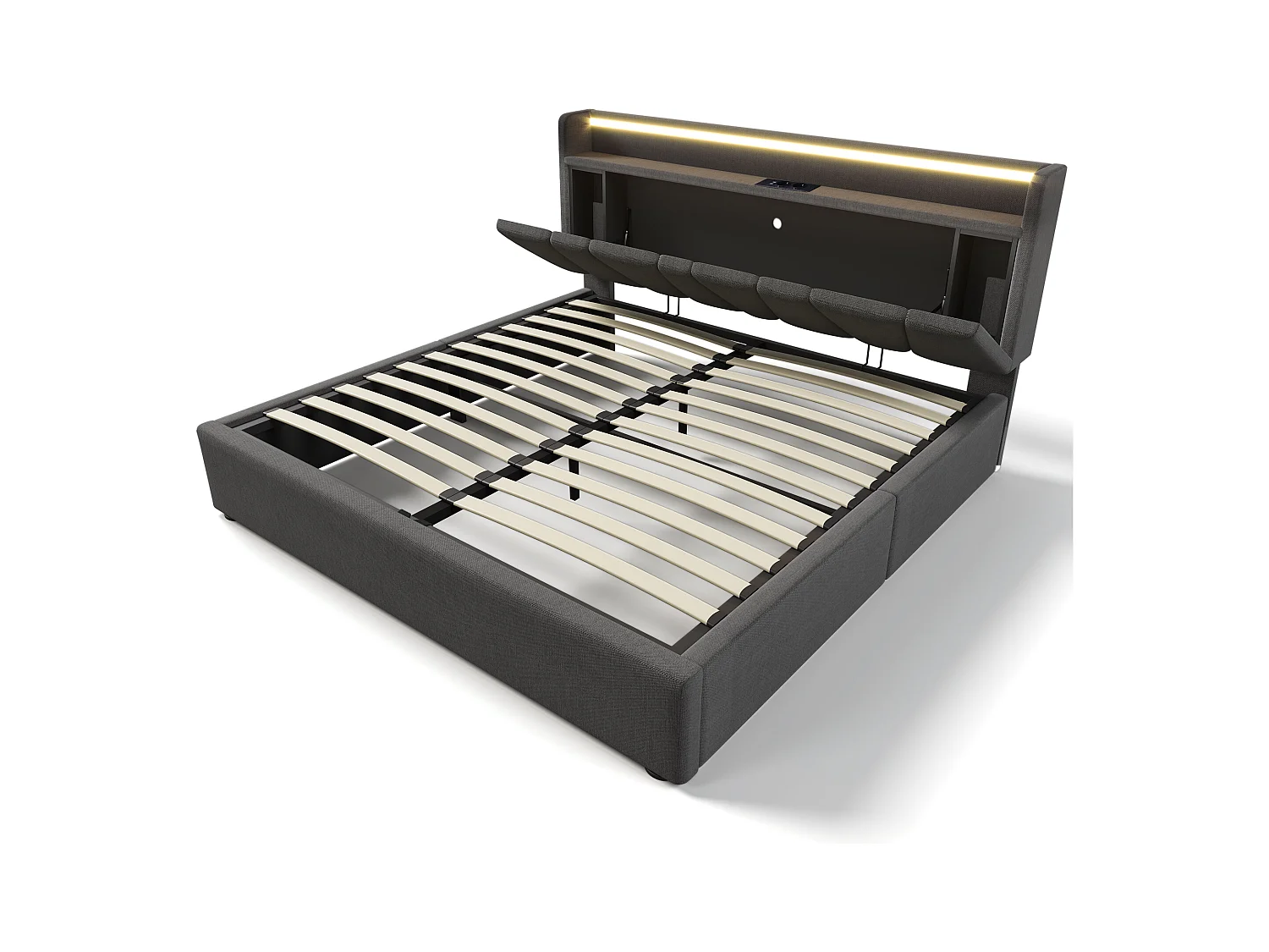 Lit coffre adulte 160x200cm avec LED et USB Type-C, lin, gris, sans matelas
