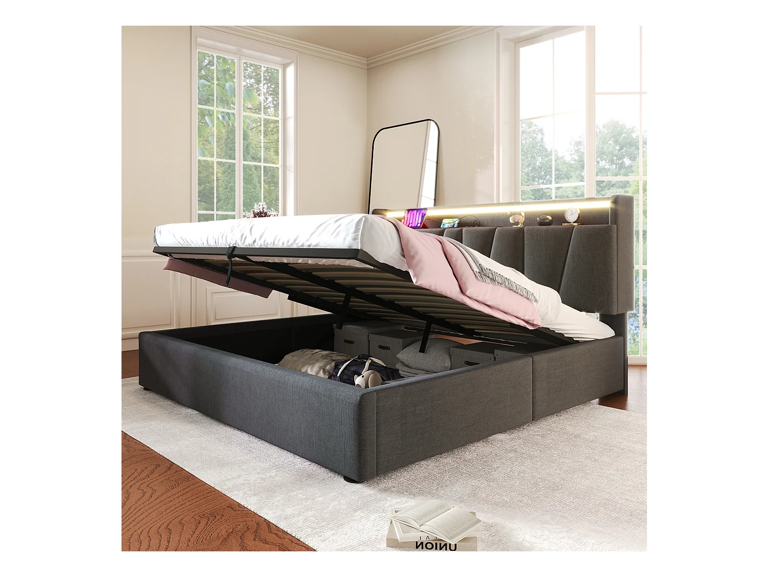 Lit coffre adulte 160x200cm avec LED et USB Type-C, lin, gris, sans matelas