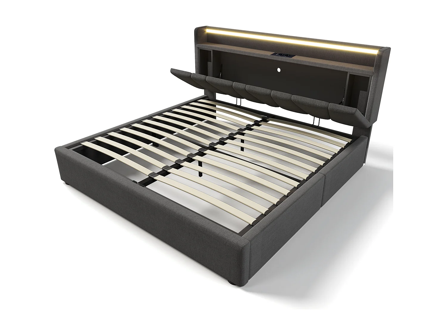 Cama baú adulta 160x200 cm com LED e USB Tipo-C, linho cinza, sem colchão