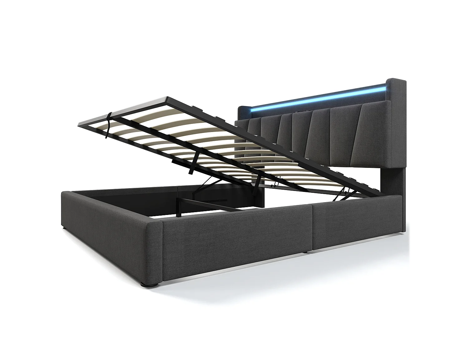 Vuxensäng med förvaring 160x200cm med LED och USB Type-C, linne, grå, madrass ingår ej