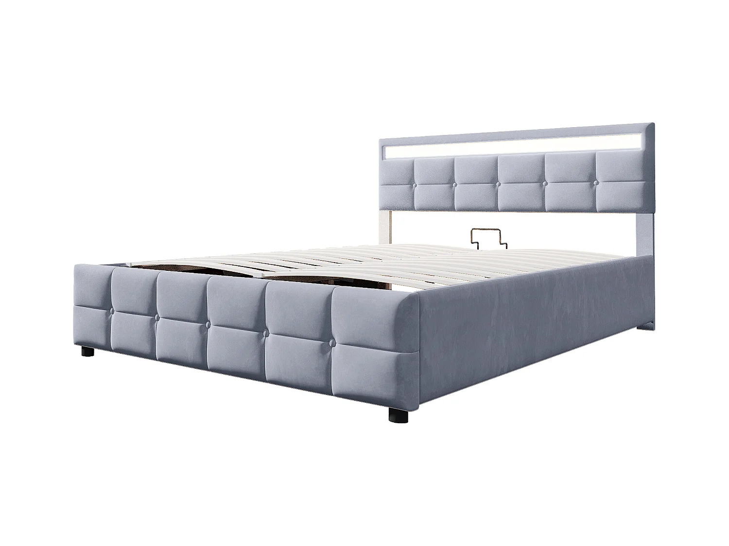 Lit coffre adulte 180x200cm gris avec LED en tissu velours hollandais, sans matelas
