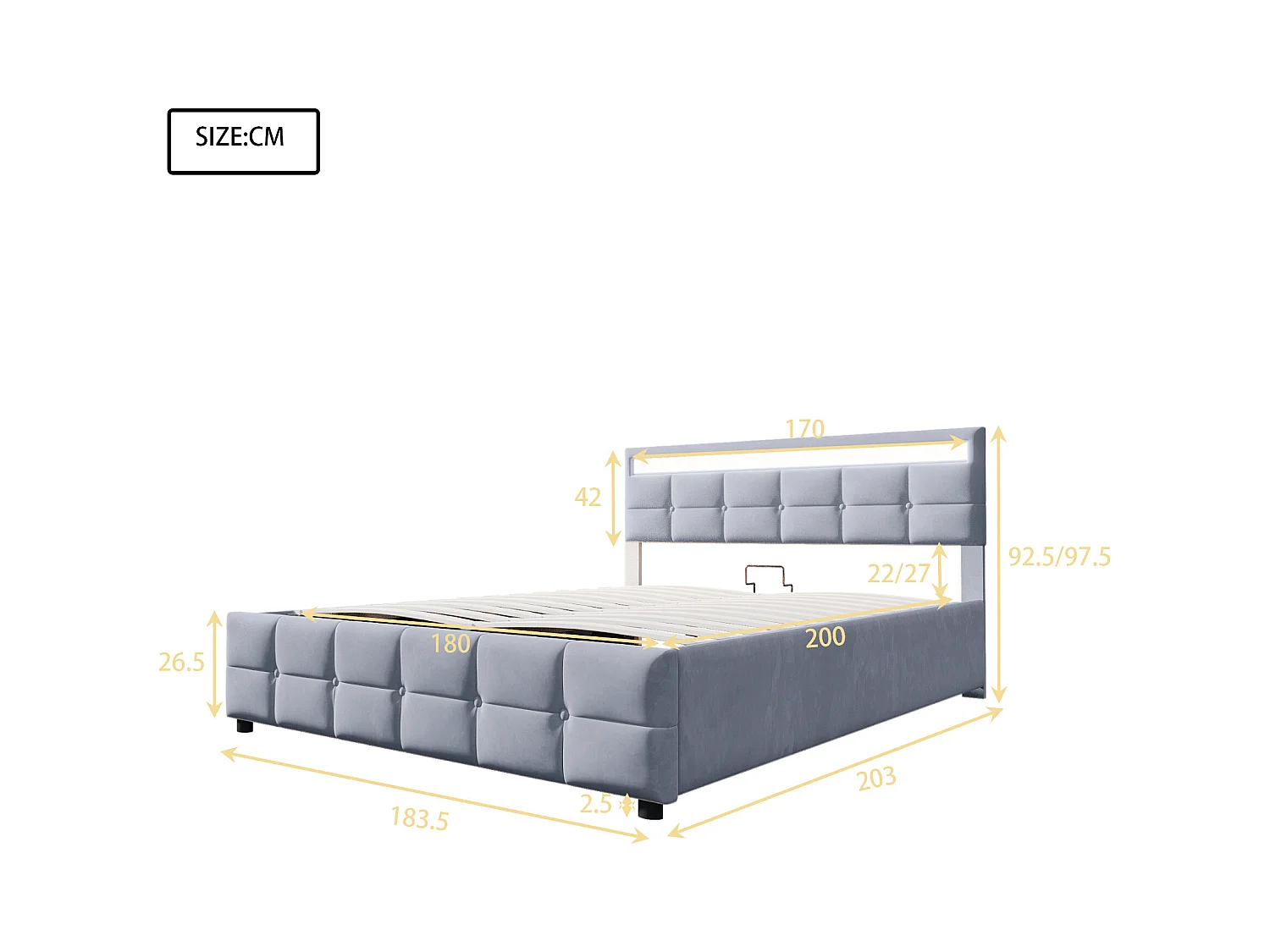 Lit coffre adulte 180x200cm gris avec LED en tissu velours hollandais, sans matelas