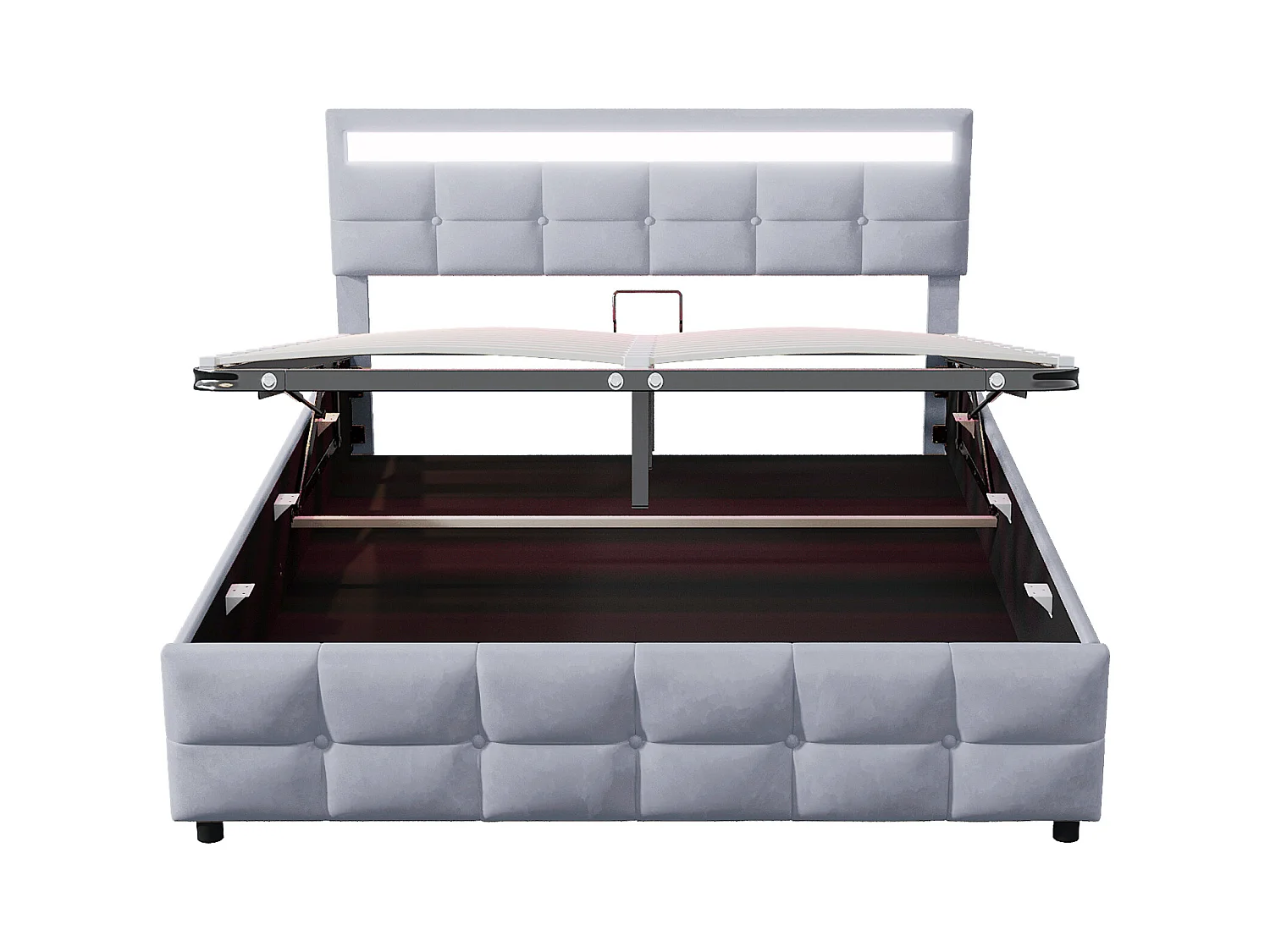 Lit coffre adulte 180x200cm gris avec LED en tissu velours hollandais, sans matelas