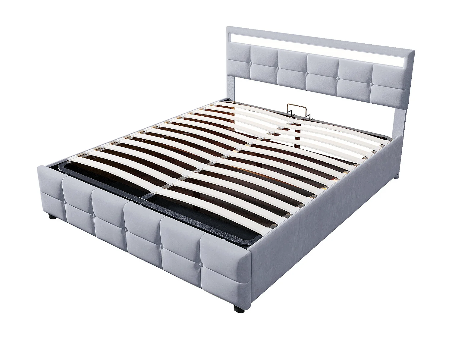 Lit coffre adulte 180x200cm gris avec LED en tissu velours hollandais, sans matelas