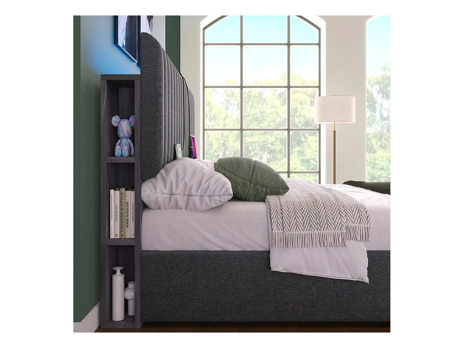 Lit coffre adulte 140x200cm avec LED et USB Type-C, lin, gris, sans matelas