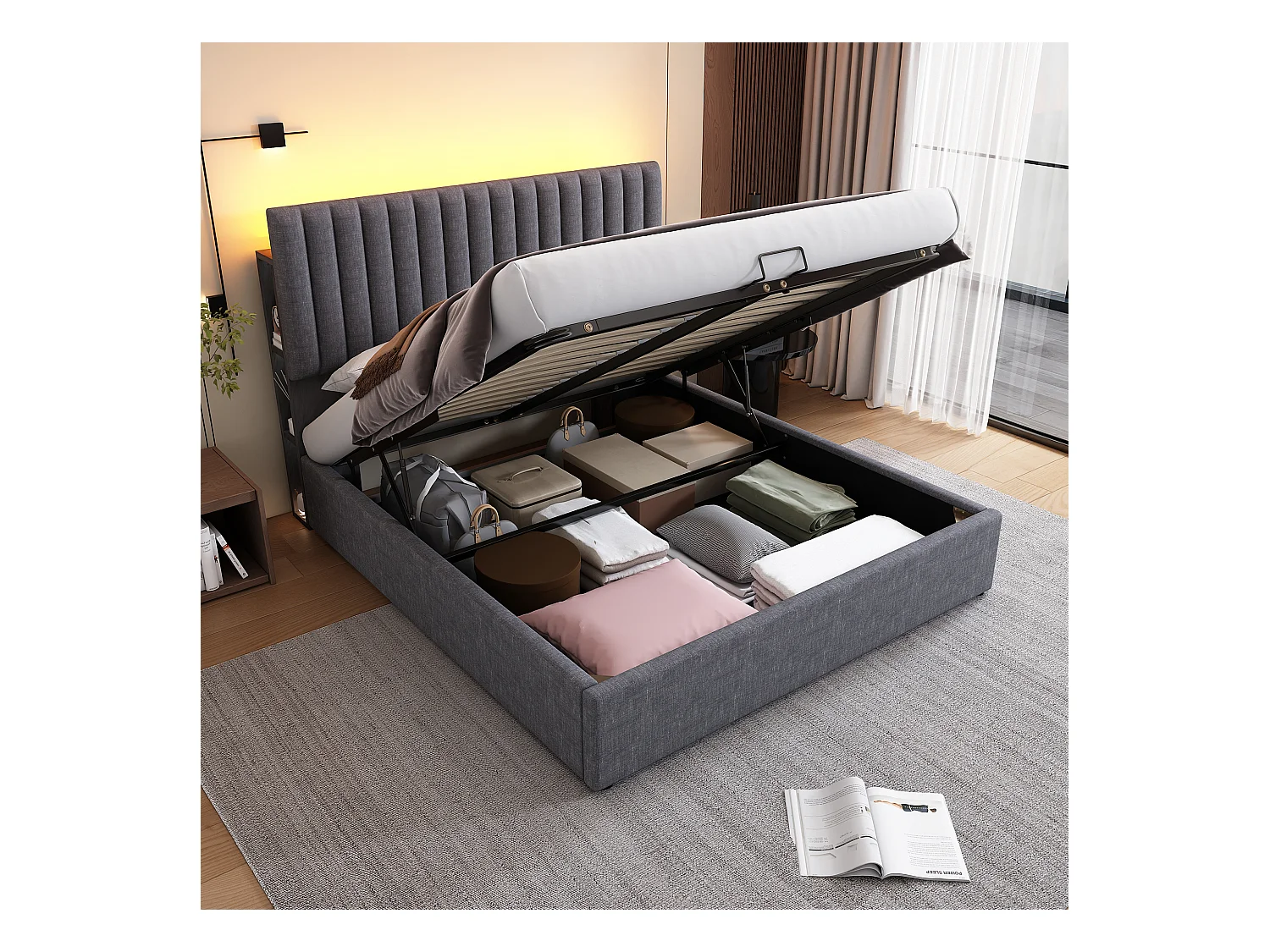 Lit coffre adulte 140x200cm avec LED et USB Type-C, lin, gris, sans matelas