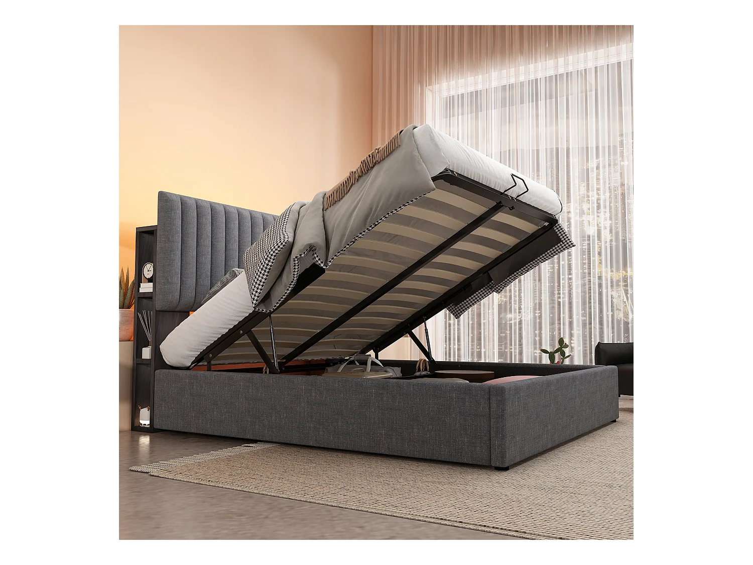 Lit coffre adulte 140x200cm avec LED et USB Type-C, lin, gris, sans matelas