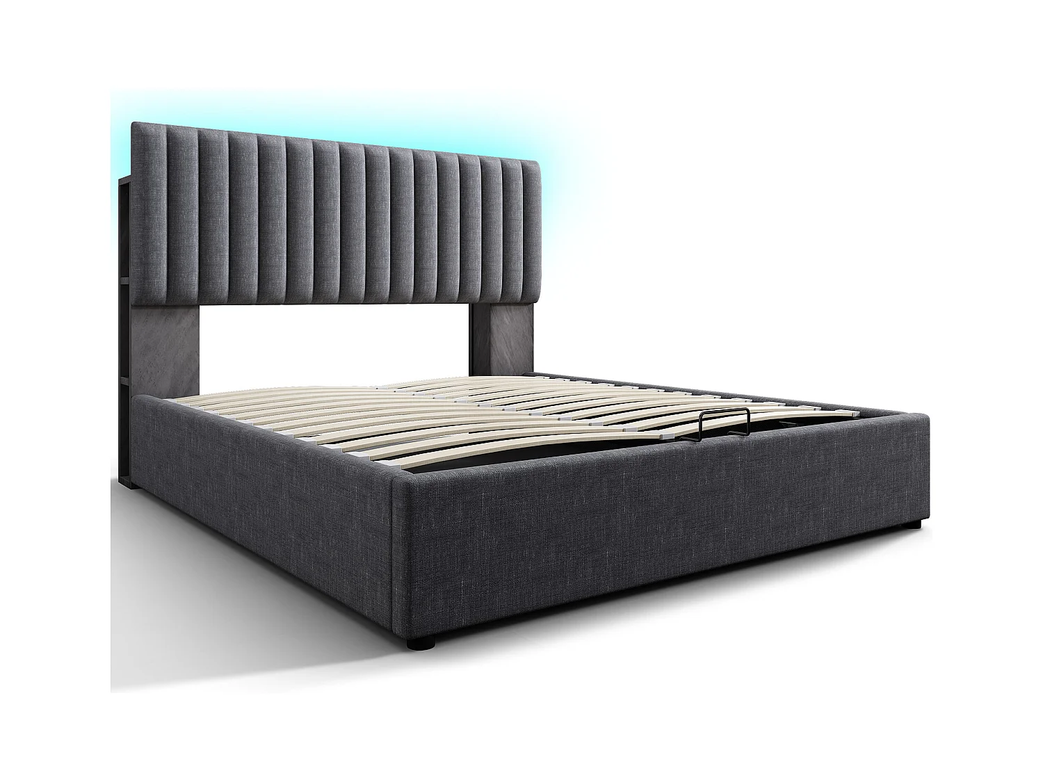 Lit coffre adulte 140x200cm avec LED et USB Type-C, lin, gris, sans matelas