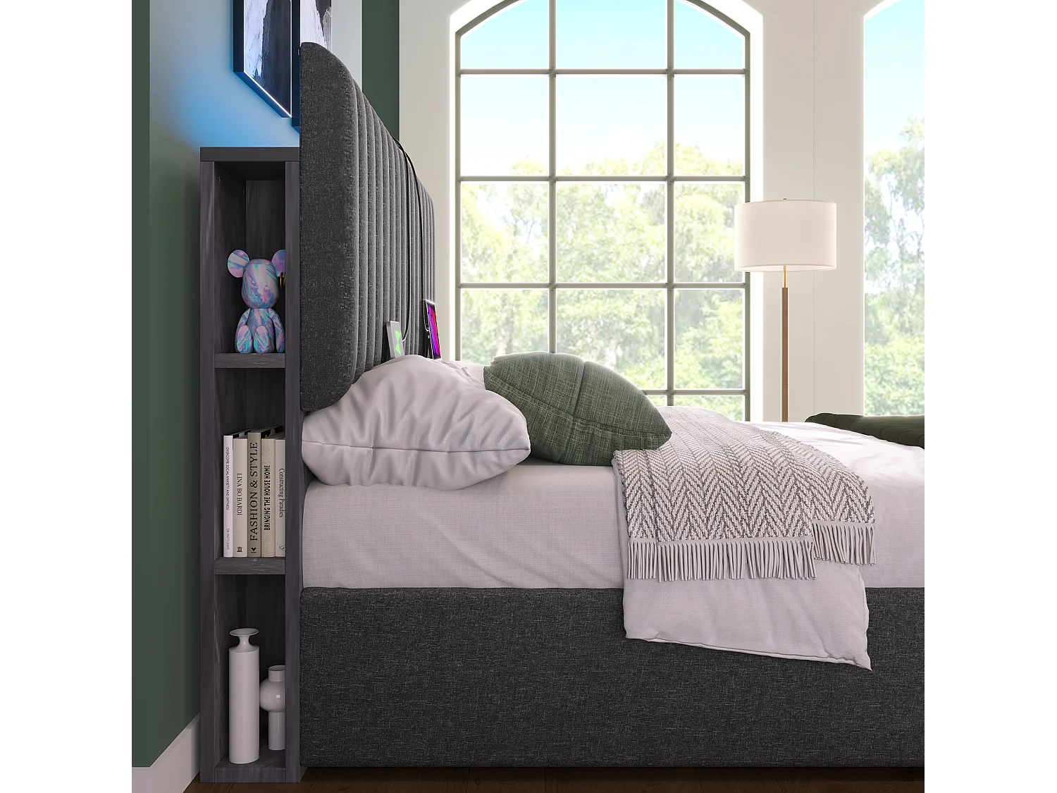 Lit coffre adulte 140x200cm avec LED et USB Type-C, lin, gris, sans matelas