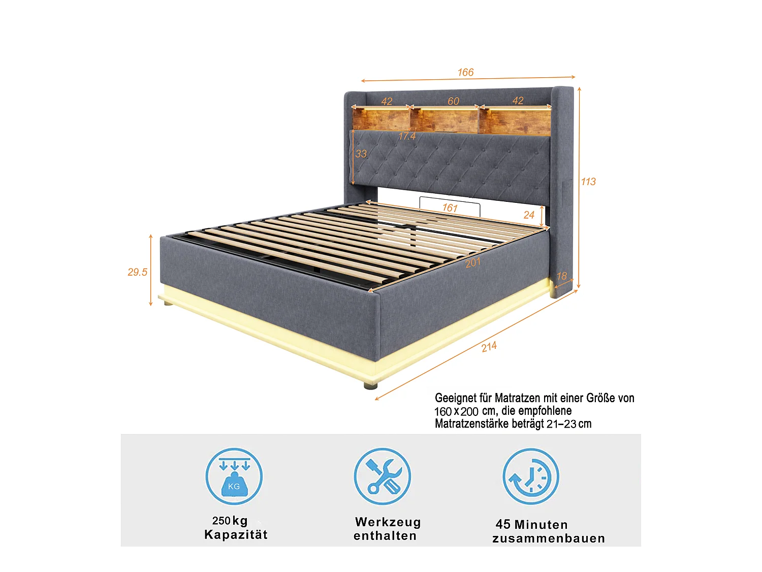 Lit coffre adulte 160x200cm avec LED et USB Type-C, lin, gris, sans matelas