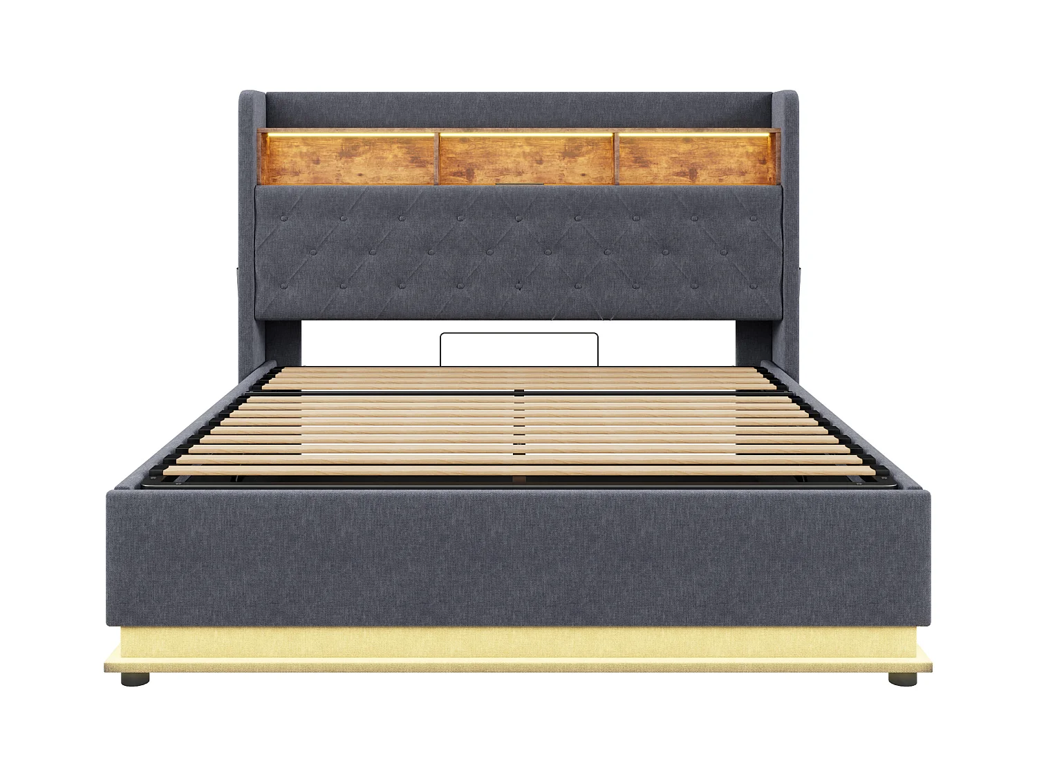 Lit coffre adulte 160x200cm avec LED et USB Type-C, lin, gris, sans matelas