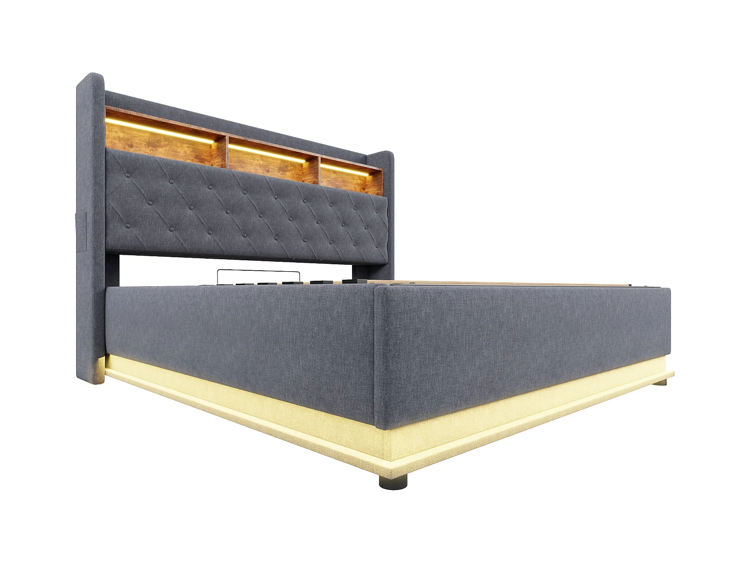 Lit coffre adulte 160x200cm avec LED et USB Type-C, lin, gris, sans matelas