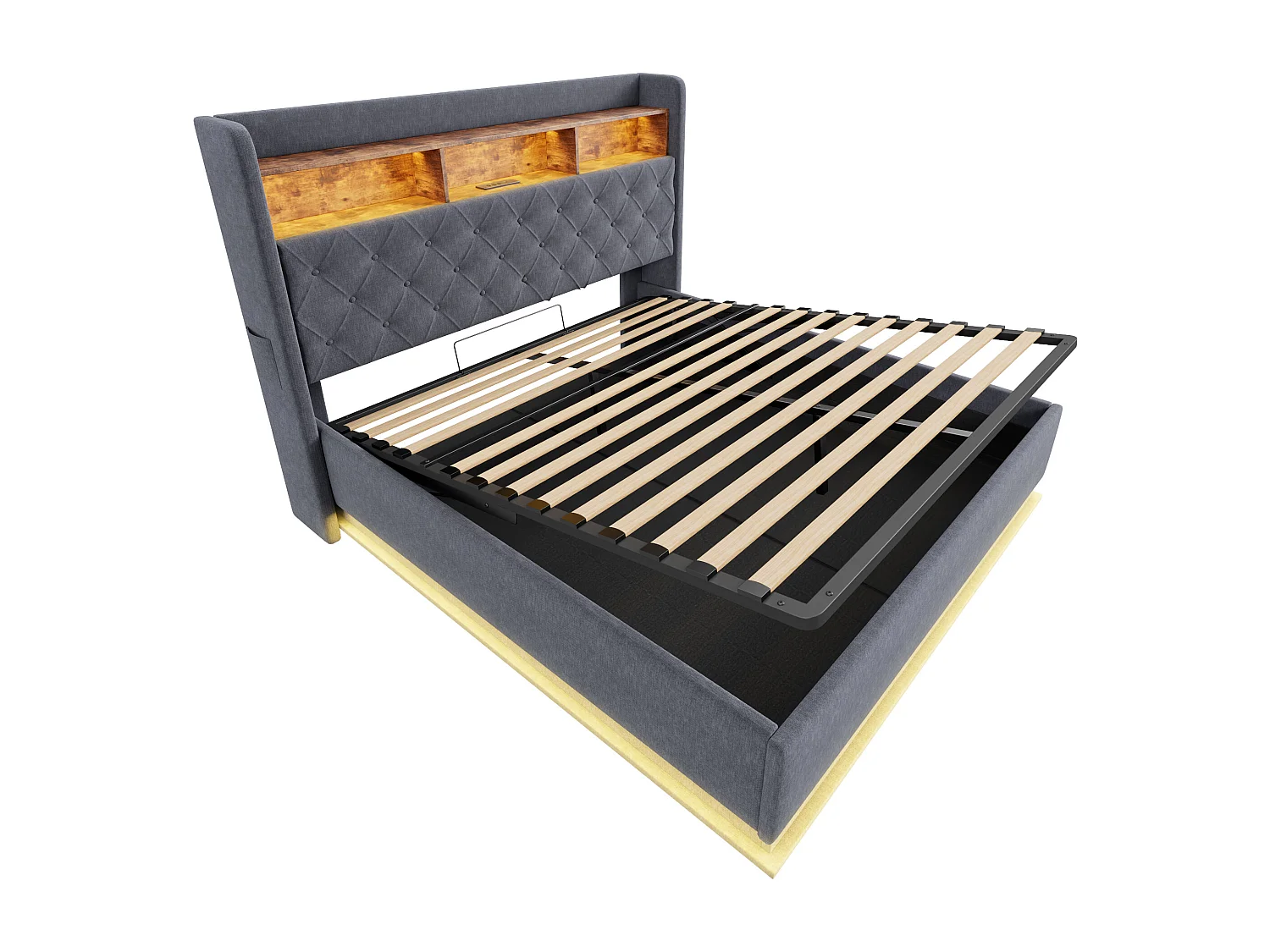 Cama baú casal 160x200 cm com LED e USB Tipo-C, linho cinza, sem colchão