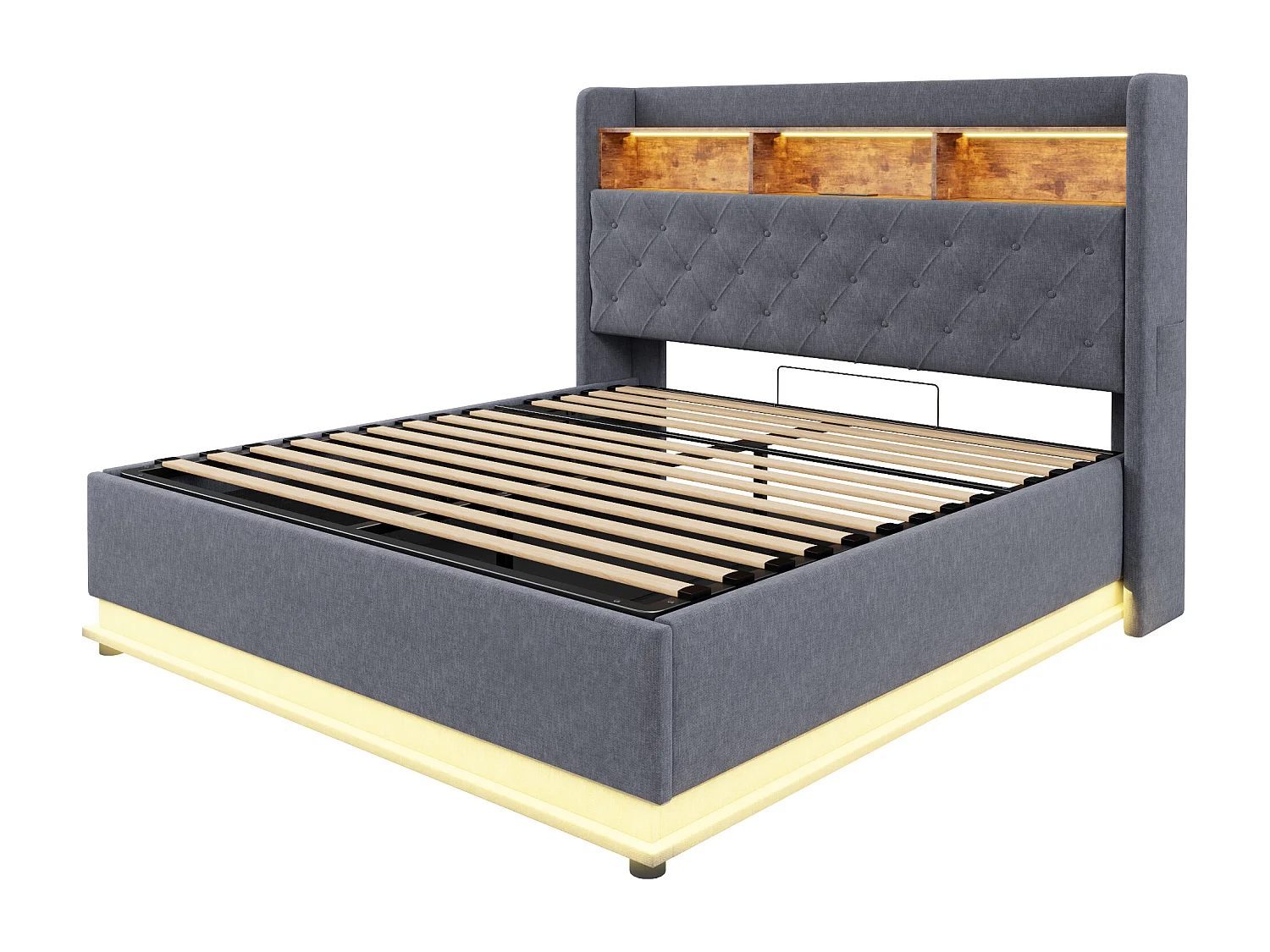 Cama baú casal 160x200 cm com LED e USB Tipo-C, linho cinza, sem colchão