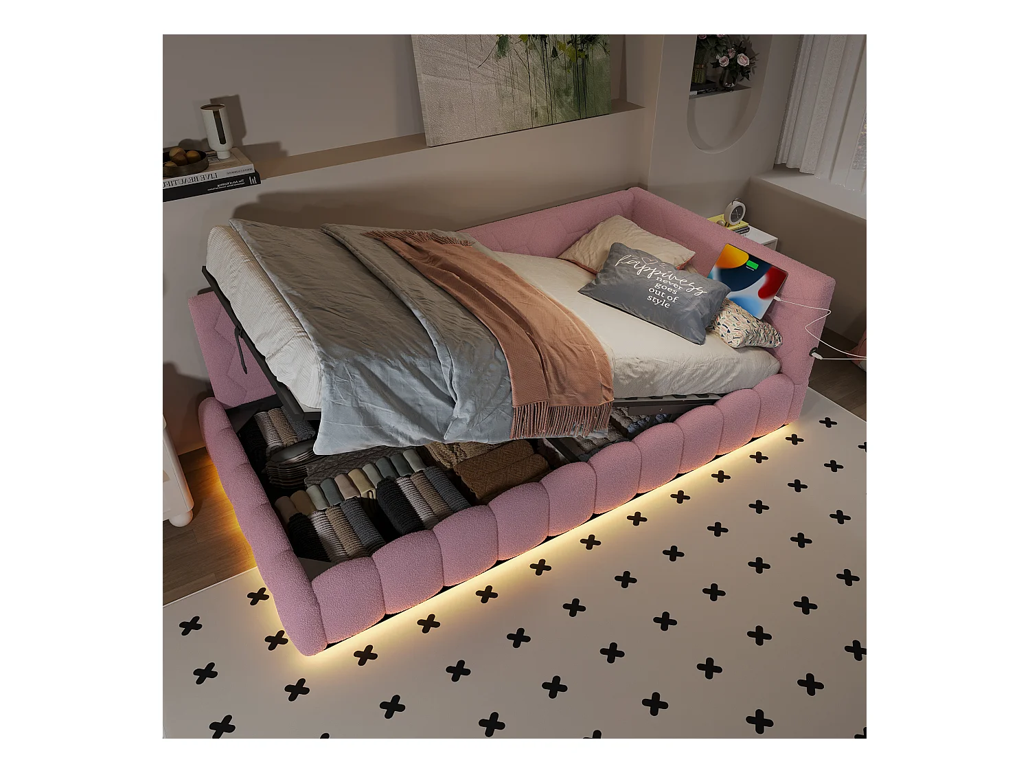 Kinderbed 90x200 cm met LED en USB Type-C, slaapbank van fluweel, roze, zonder matras