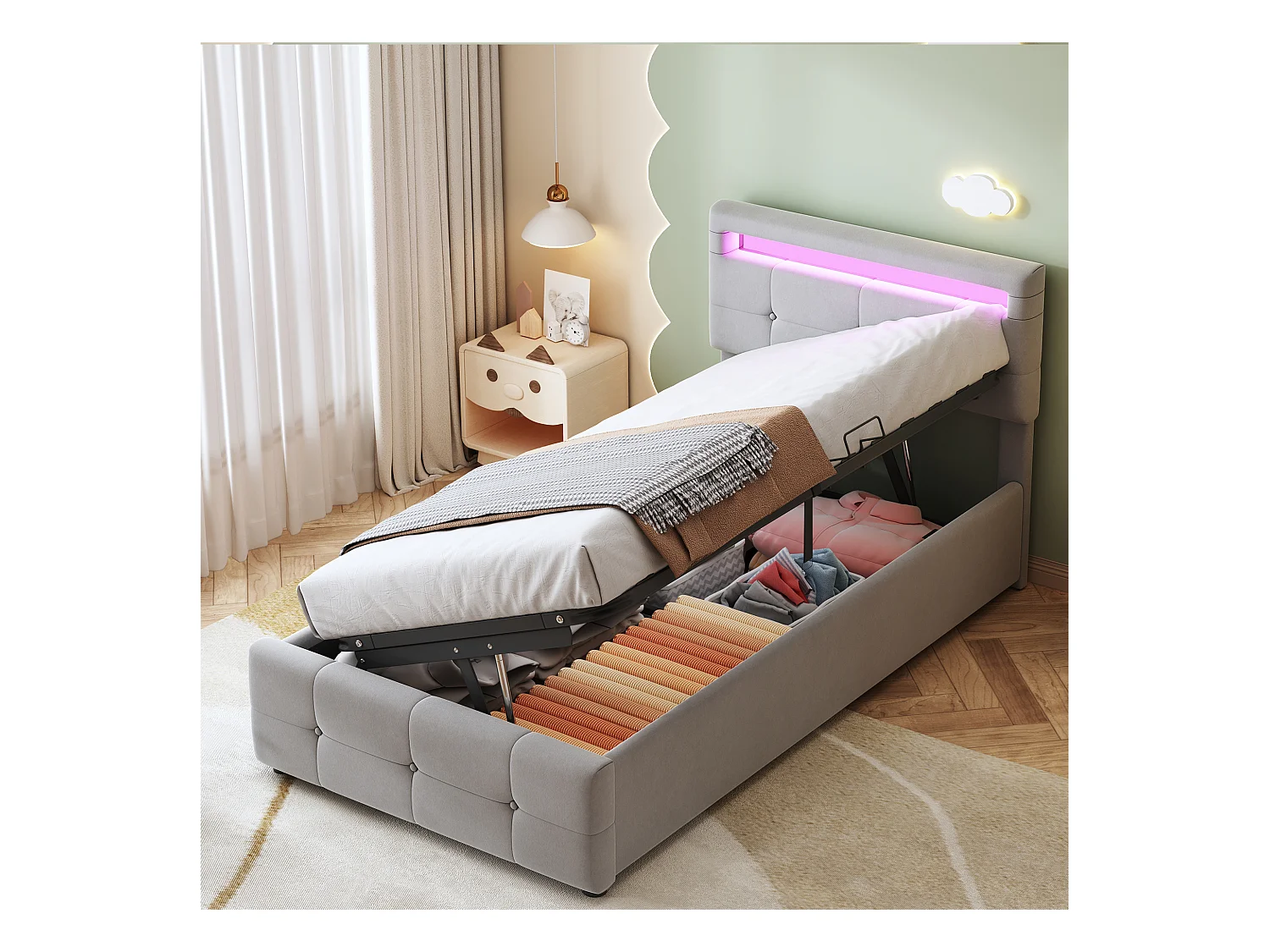 Lit coffre enfant 90x200 cm gris, LED, tête de lit réglable en hauteur, velours, Sommier à lattes, sans matelas