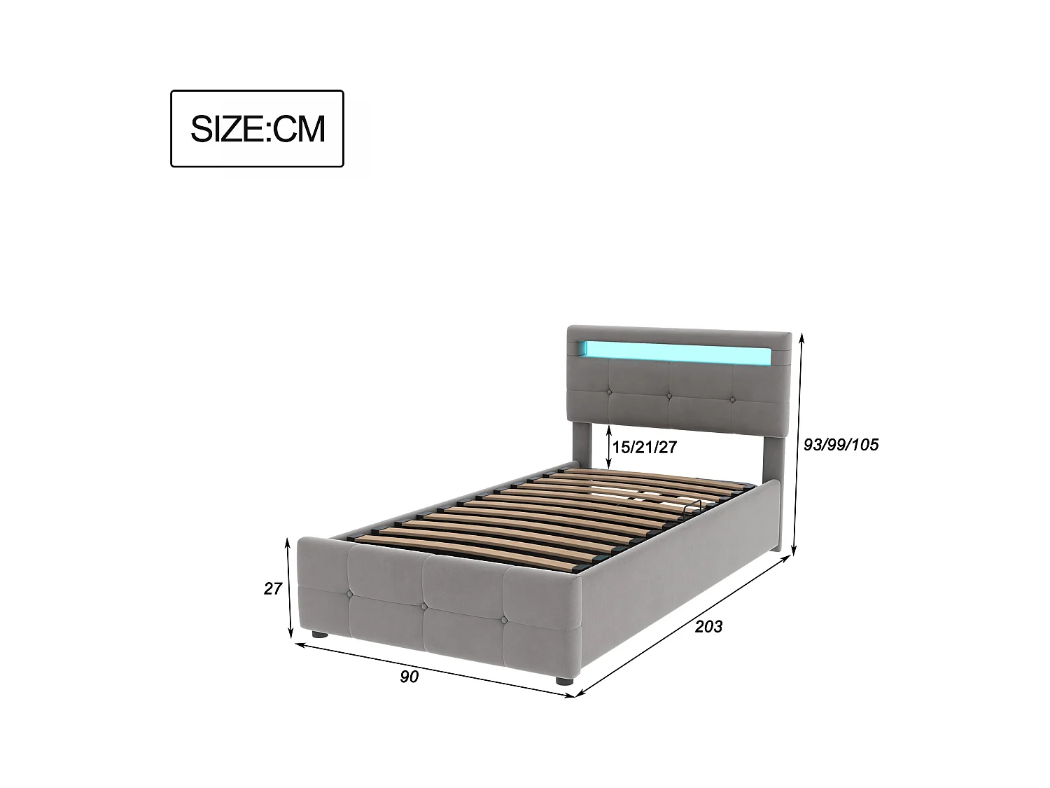 Lit coffre enfant 90x200 cm gris, LED, tête de lit réglable en hauteur, velours, Sommier à lattes, sans matelas