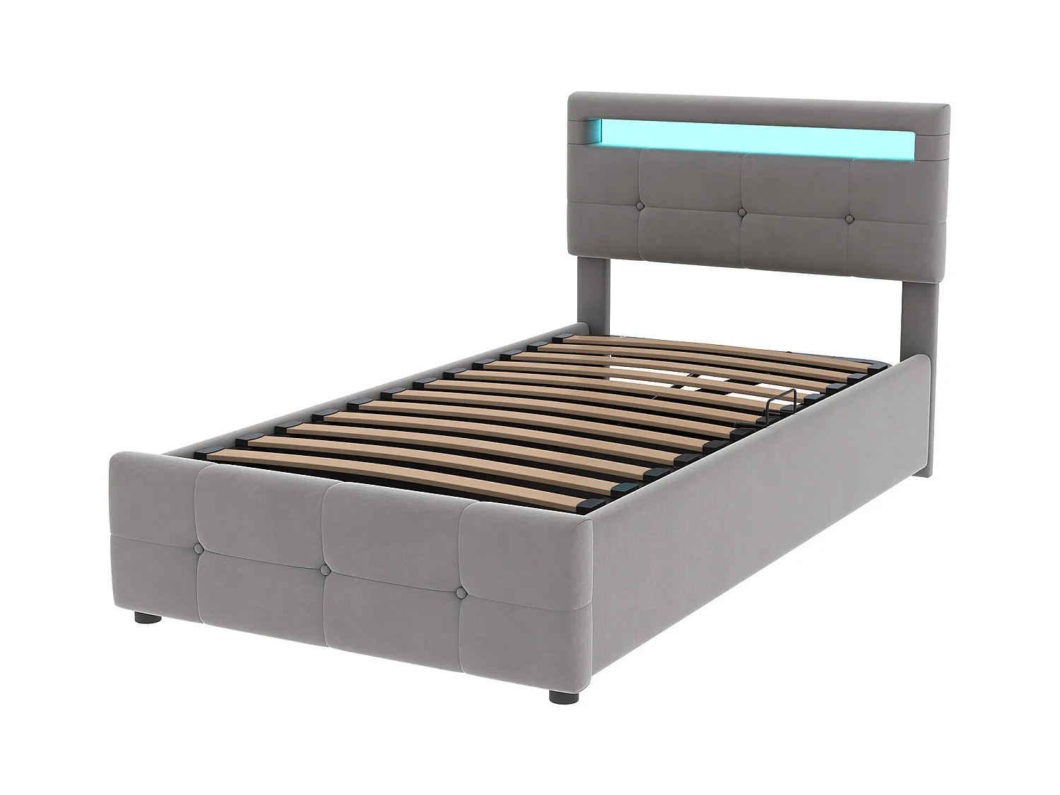 Lit coffre enfant 90x200 cm gris, LED, tête de lit réglable en hauteur, velours, Sommier à lattes, sans matelas