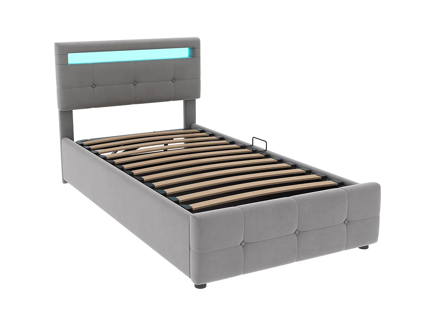 Lit coffre enfant 90x200 cm gris, LED, tête de lit réglable en hauteur, velours, Sommier à lattes, sans matelas