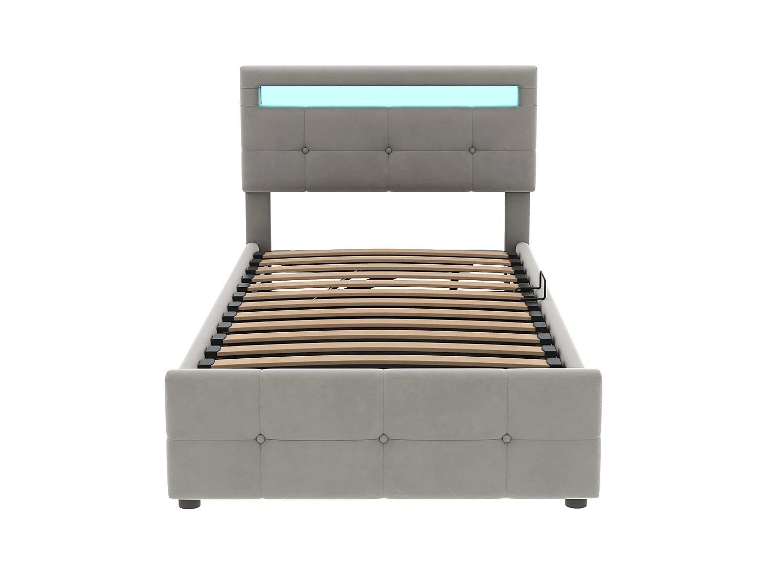 Lit coffre enfant 90x200 cm gris, LED, tête de lit réglable en hauteur, velours, Sommier à lattes, sans matelas