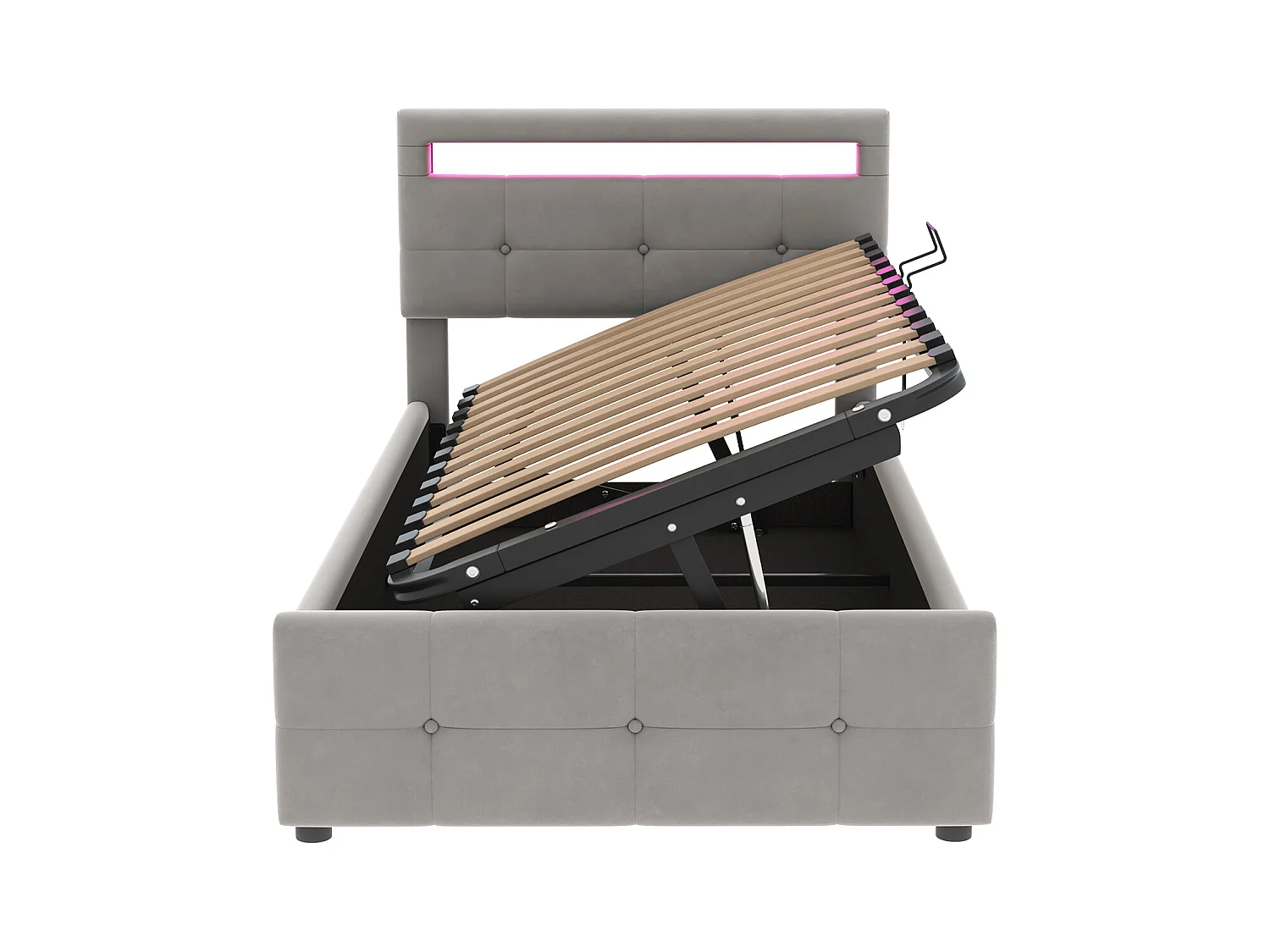 Lit coffre enfant 90x200 cm gris, LED, tête de lit réglable en hauteur, velours, Sommier à lattes, sans matelas