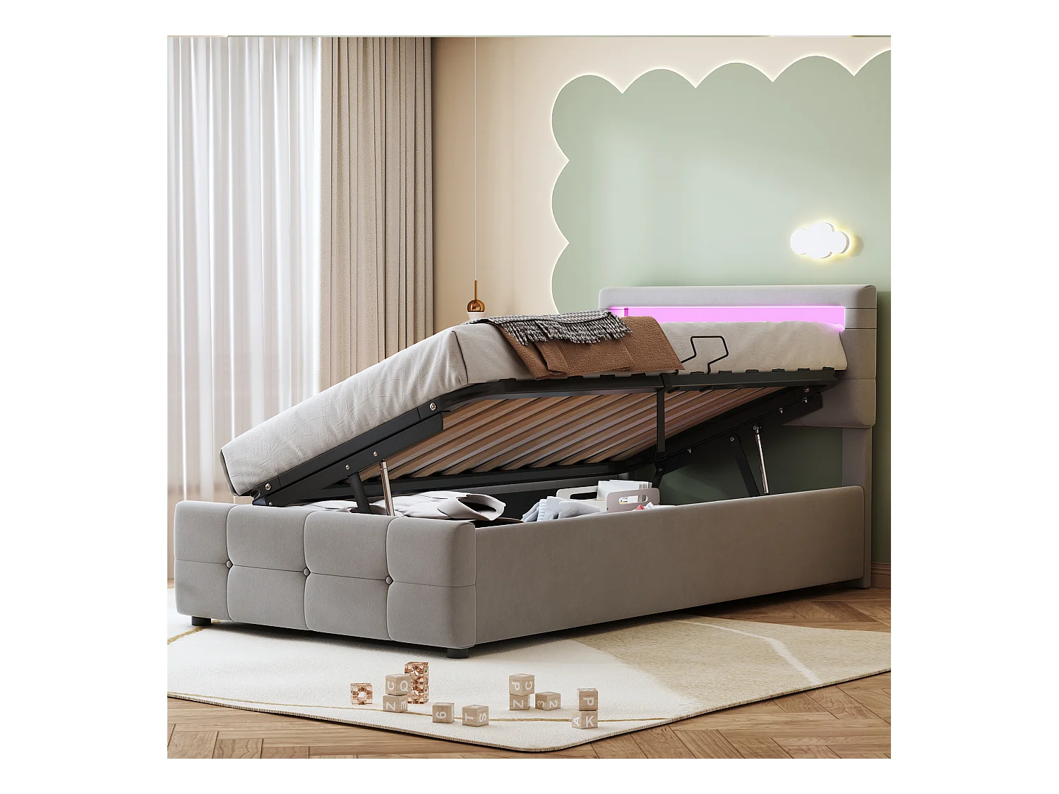 Lit coffre enfant 90x200 cm gris, LED, tête de lit réglable en hauteur, velours, Sommier à lattes, sans matelas