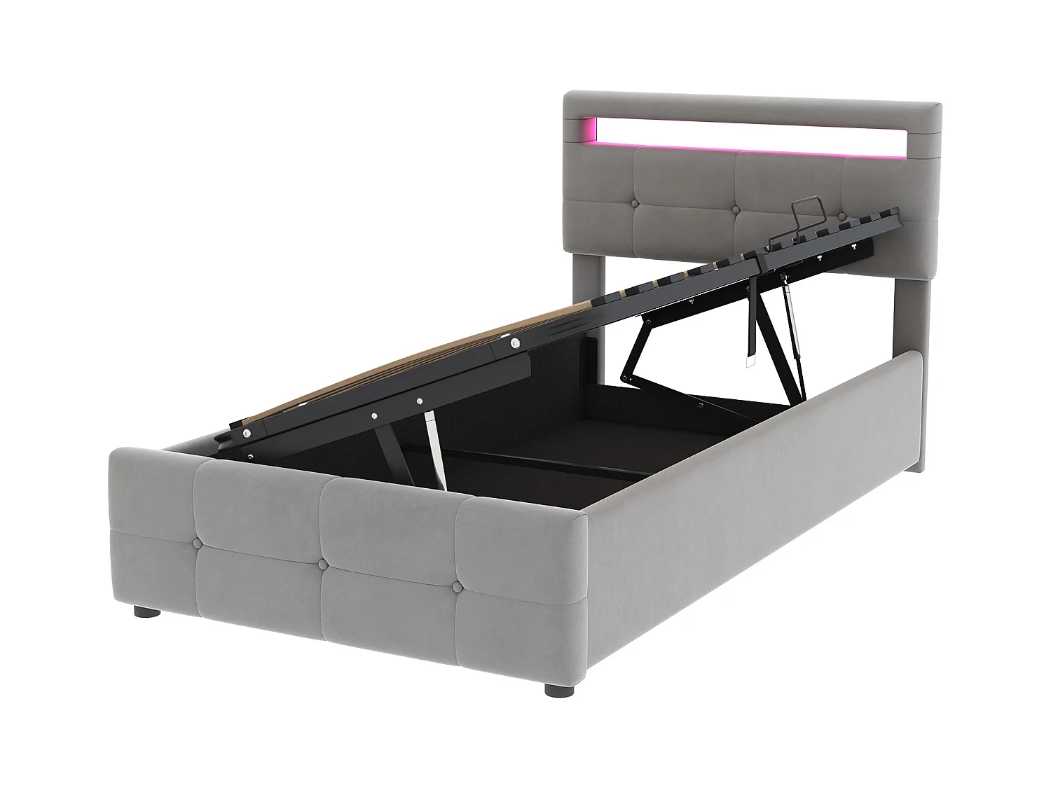 Lit coffre enfant 90x200 cm gris, LED, tête de lit réglable en hauteur, velours, Sommier à lattes, sans matelas