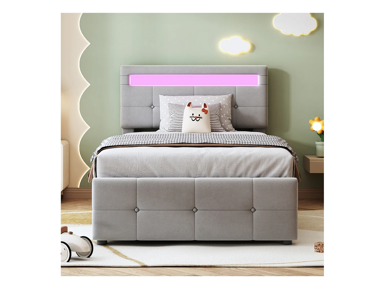 Lit coffre enfant 90x200 cm gris, LED, tête de lit réglable en hauteur, velours, Sommier à lattes, sans matelas