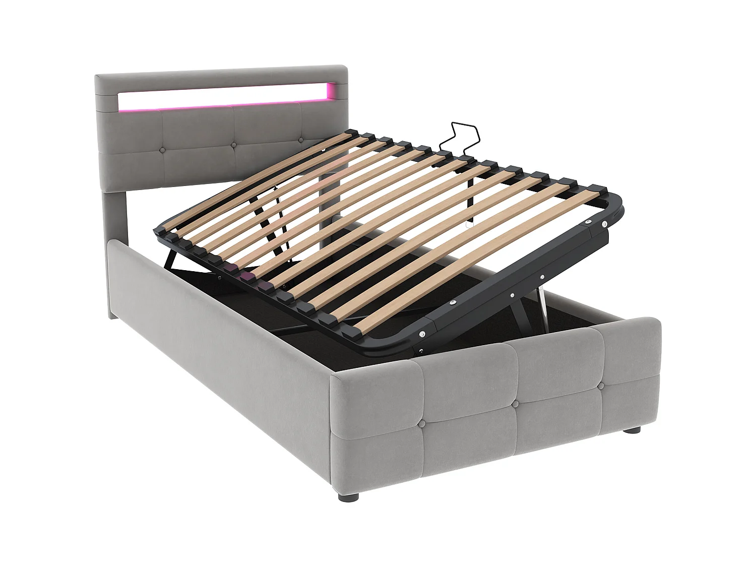 Lit coffre enfant 90x200 cm gris, LED, tête de lit réglable en hauteur, velours, Sommier à lattes, sans matelas