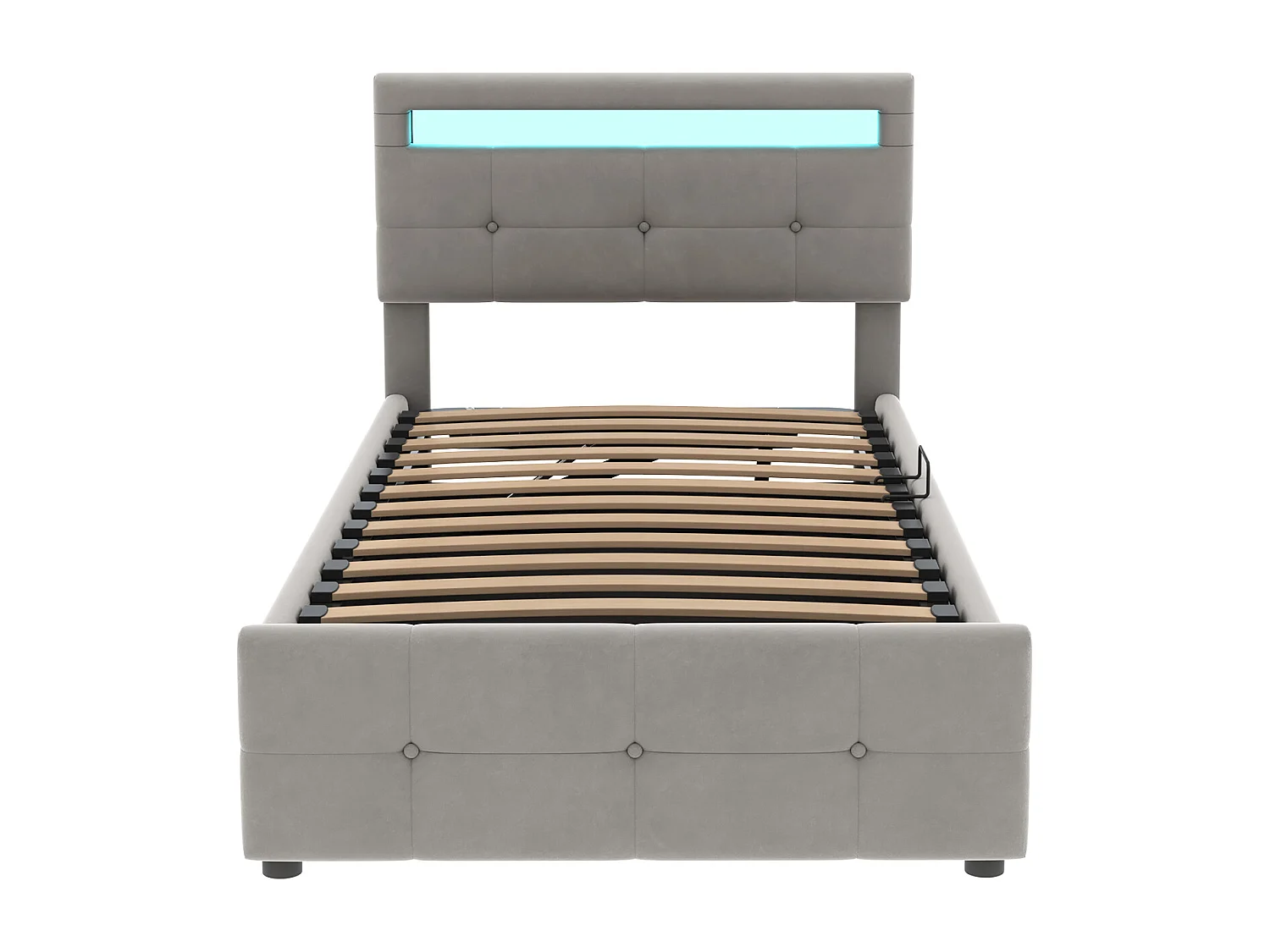Lit coffre enfant 90x200 cm gris, LED, tête de lit réglable en hauteur, velours, Sommier à lattes, sans matelas