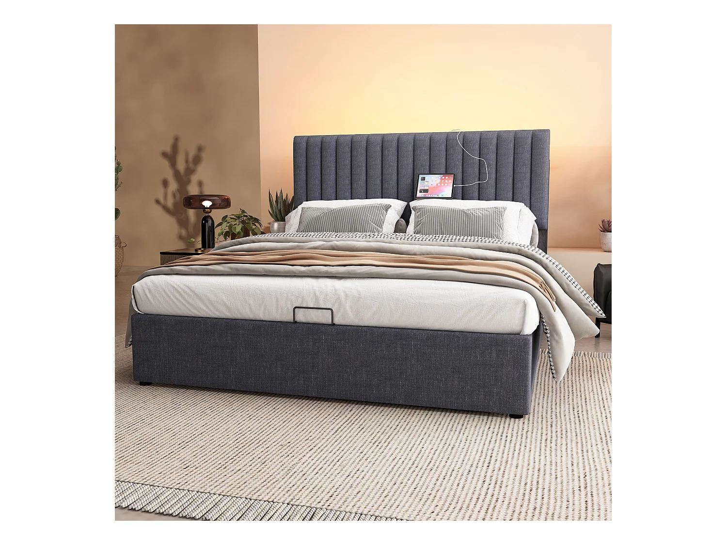 Lit coffre adulte 160x200cm avec LED et USB Type-C, lin, gris, sans matelas
