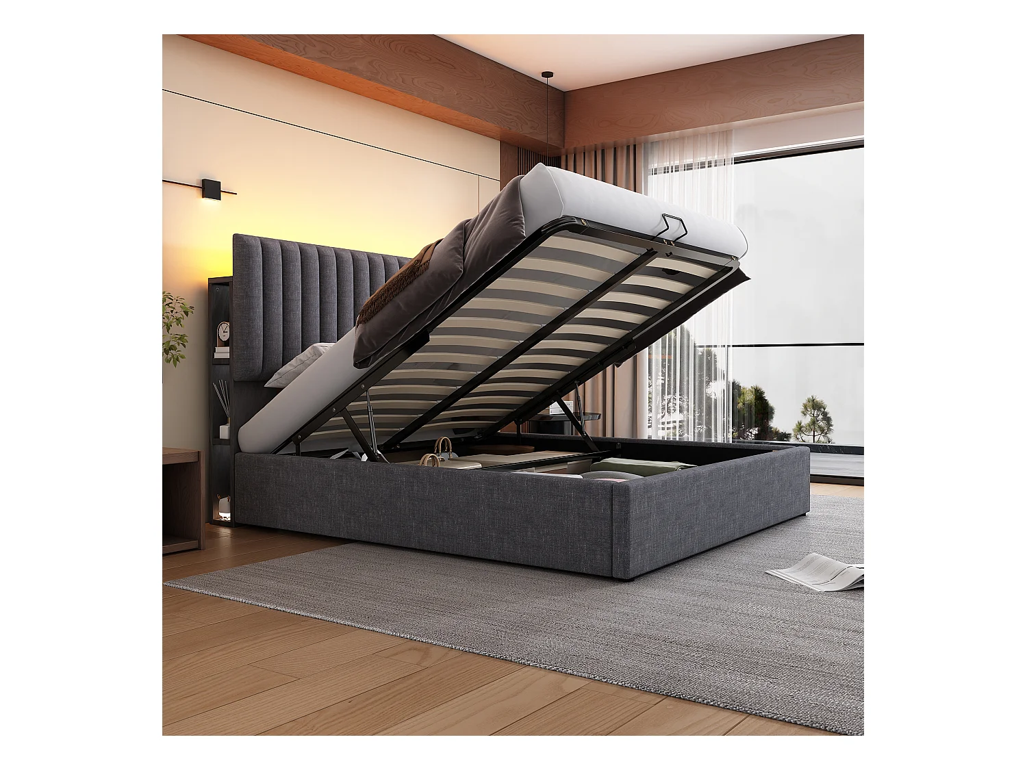 Lit coffre adulte 160x200cm avec LED et USB Type-C, lin, gris, sans matelas