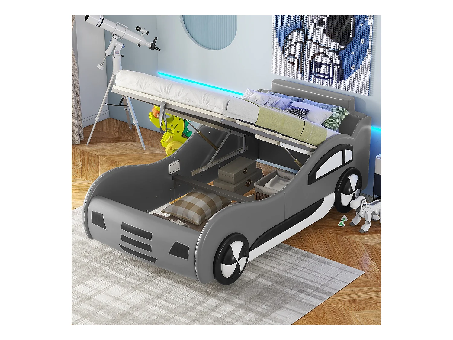 Cama com arrumação infantil 90x200 cm modelo carro, com espaço de arrumação, PU + MDF, sem colchão, cinza