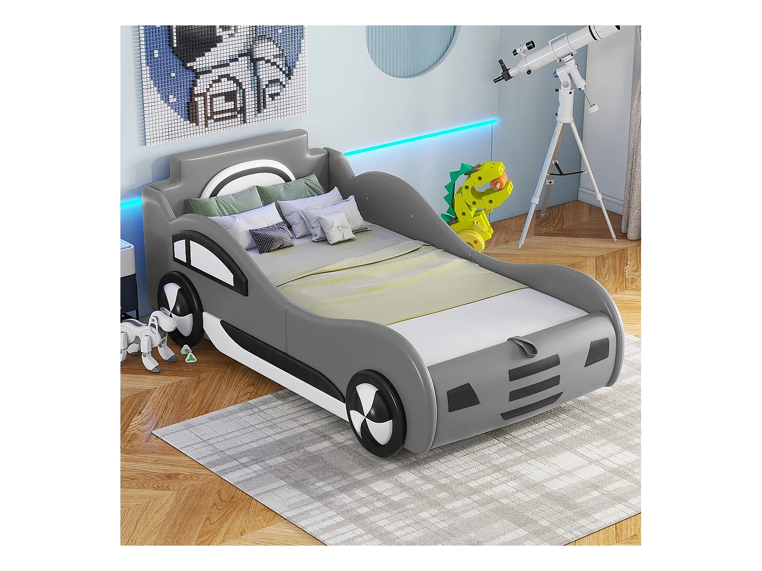 Cama com arrumação infantil 90x200 cm modelo carro, com espaço de arrumação, PU + MDF, sem colchão, cinza