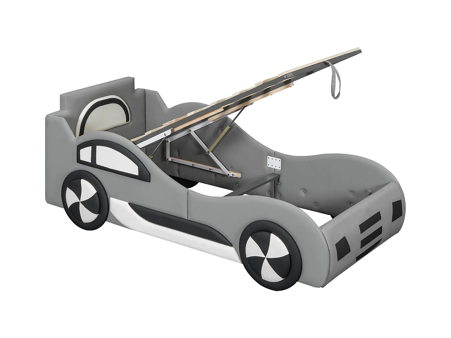 Cama com arrumação infantil 90x200 cm modelo carro, com espaço de arrumação, PU + MDF, sem colchão, cinza