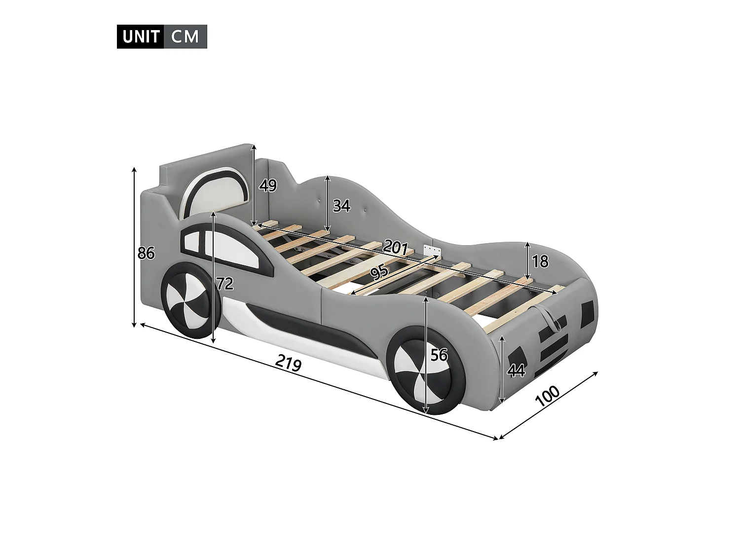 Cama com arrumação infantil 90x200 cm modelo carro, com espaço de arrumação, PU + MDF, sem colchão, cinza