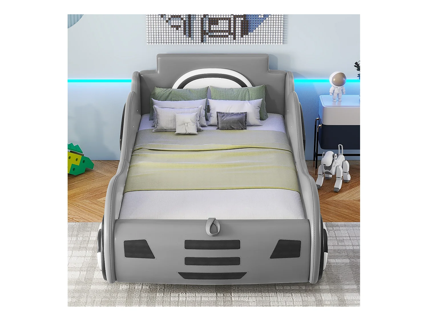 Cama com arrumação infantil 90x200 cm modelo carro, com espaço de arrumação, PU + MDF, sem colchão, cinza