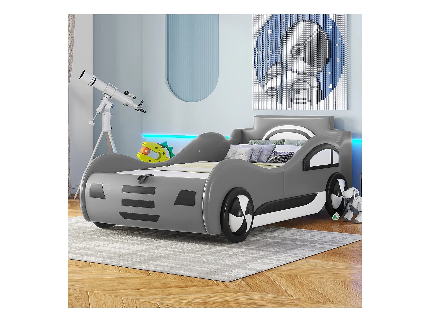 Cama com arrumação infantil 90x200 cm modelo carro, com espaço de arrumação, PU + MDF, sem colchão, cinza