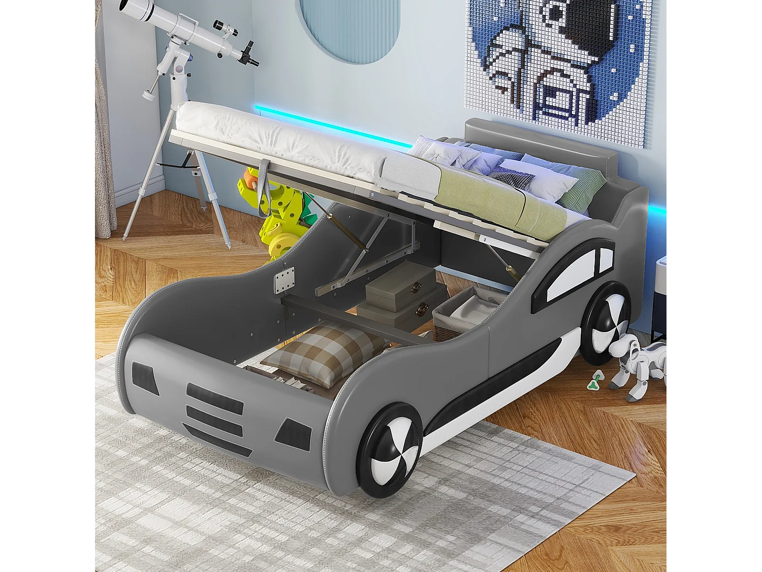 Lit coffre enfant 90x200cm, voiture modèle, avec espace de rangement, PU + MDF, sans matelas, Gris