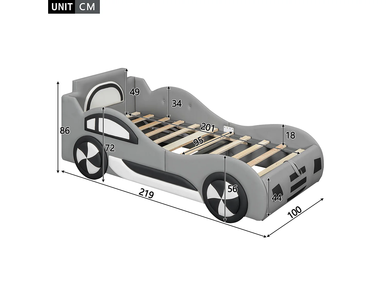 Lit coffre enfant 90x200cm, voiture modèle, avec espace de rangement, PU + MDF, sans matelas, Gris