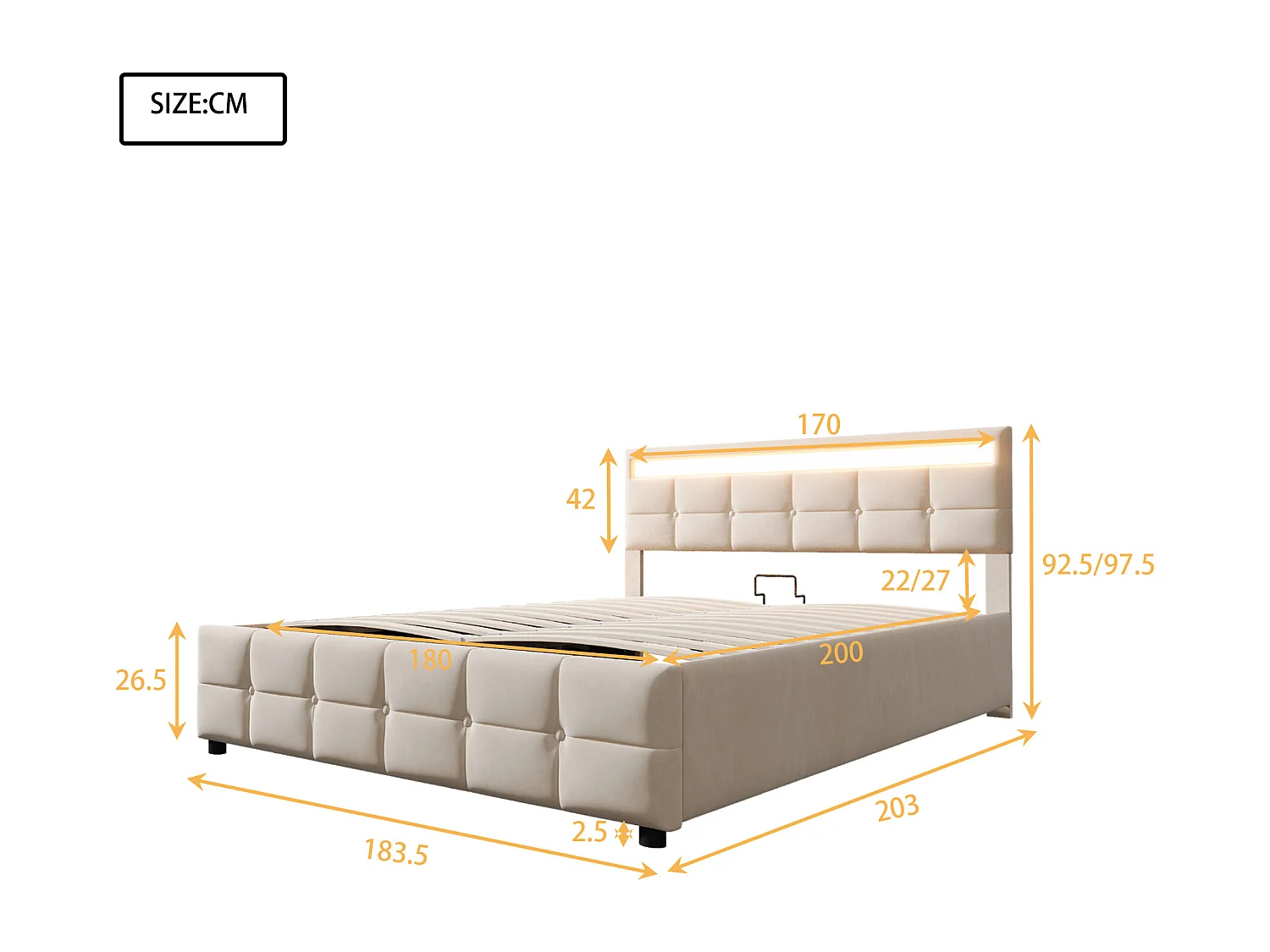 Lit coffre adulte 180x200cm beige avec LED en tissu velours hollandais, sans matelas