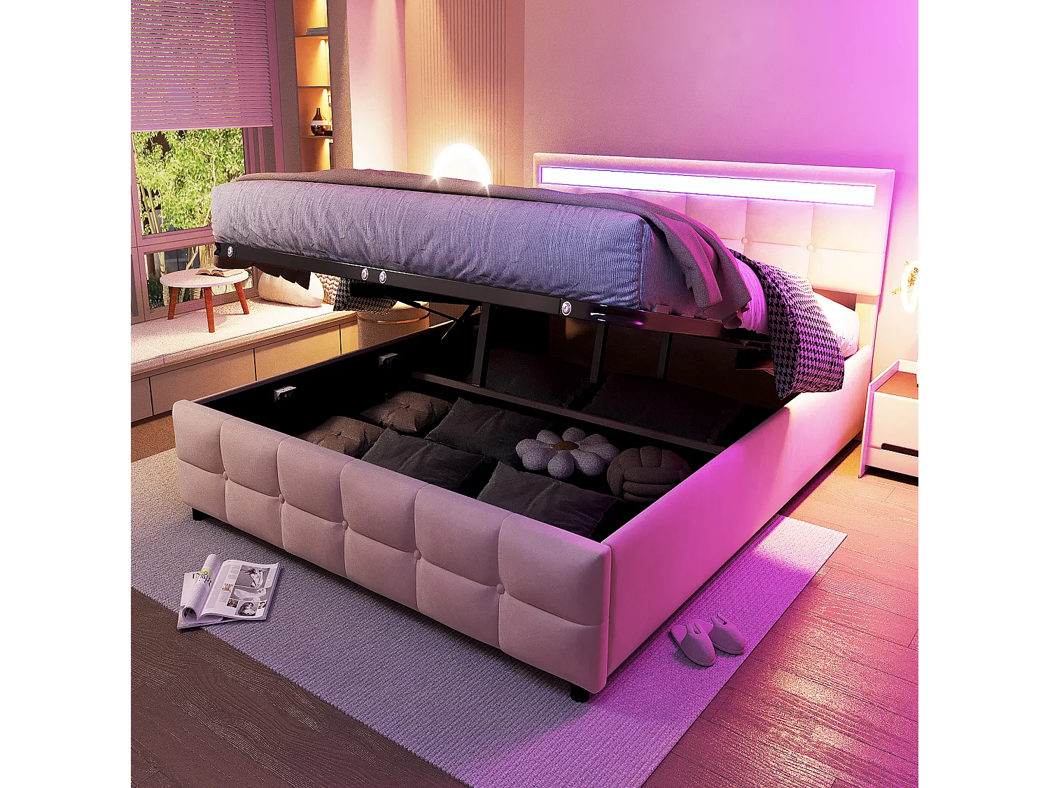 Lit coffre adulte 180x200cm beige avec LED en tissu velours hollandais, sans matelas