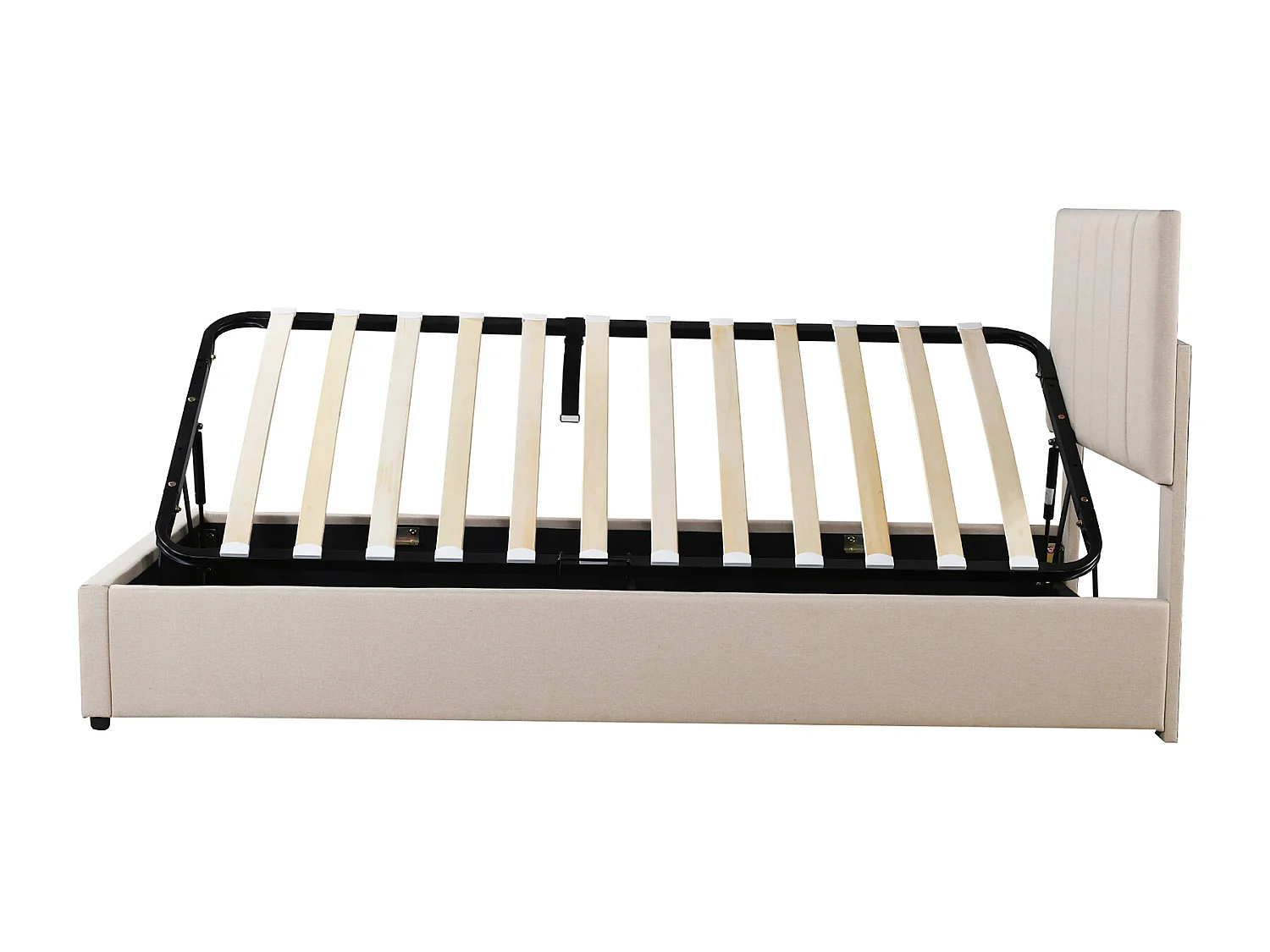 Lit coffre enfant 90x200cm beige en lin, Sommier à lattes, sans matelas