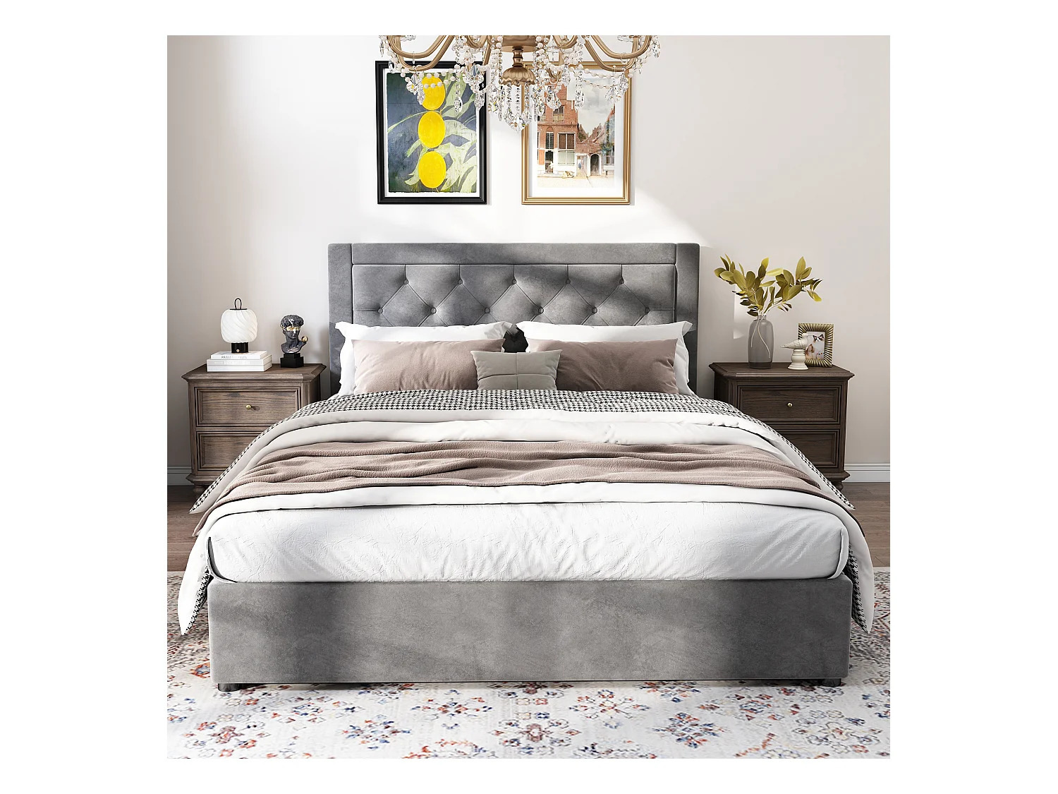 Lit coffre adulte 140x200cm avec Tête de lit Capitonné, velours gris, sans matelas